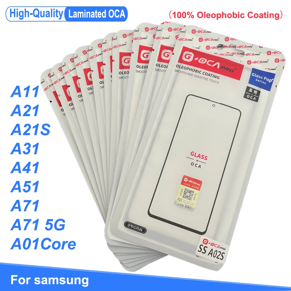 10ks Originálne LCD predné sklo OCA pre Samsung Galaxy A01 Core A11 A11 S A31 A41 A51 A71 A71 DISPLATNÝ PANEL