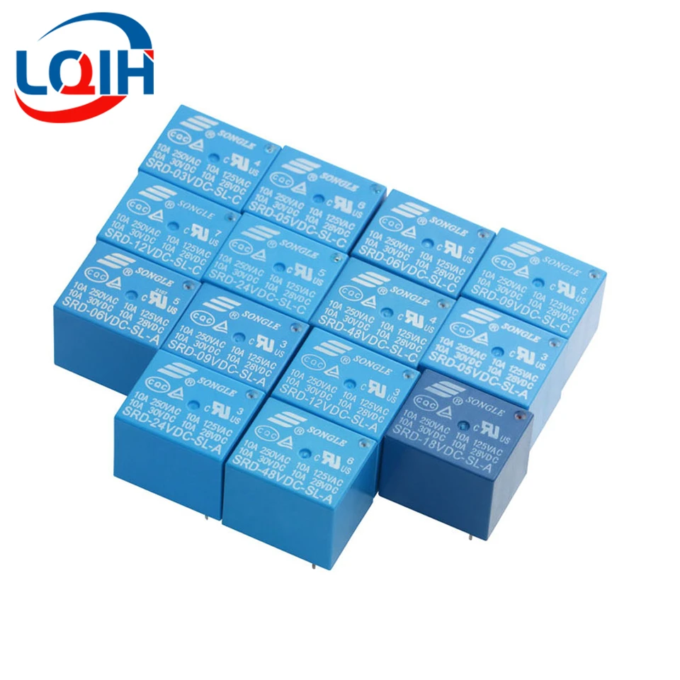 10ks relé SRD-05V 06V 09V 12V 18V 24V 48VDC-SL-A 4PIN SRD-03V 05V 06 09V 12V 24V 48VDC-SL-SL-C 10A 250VAC 5PIN RELAys Relays relays