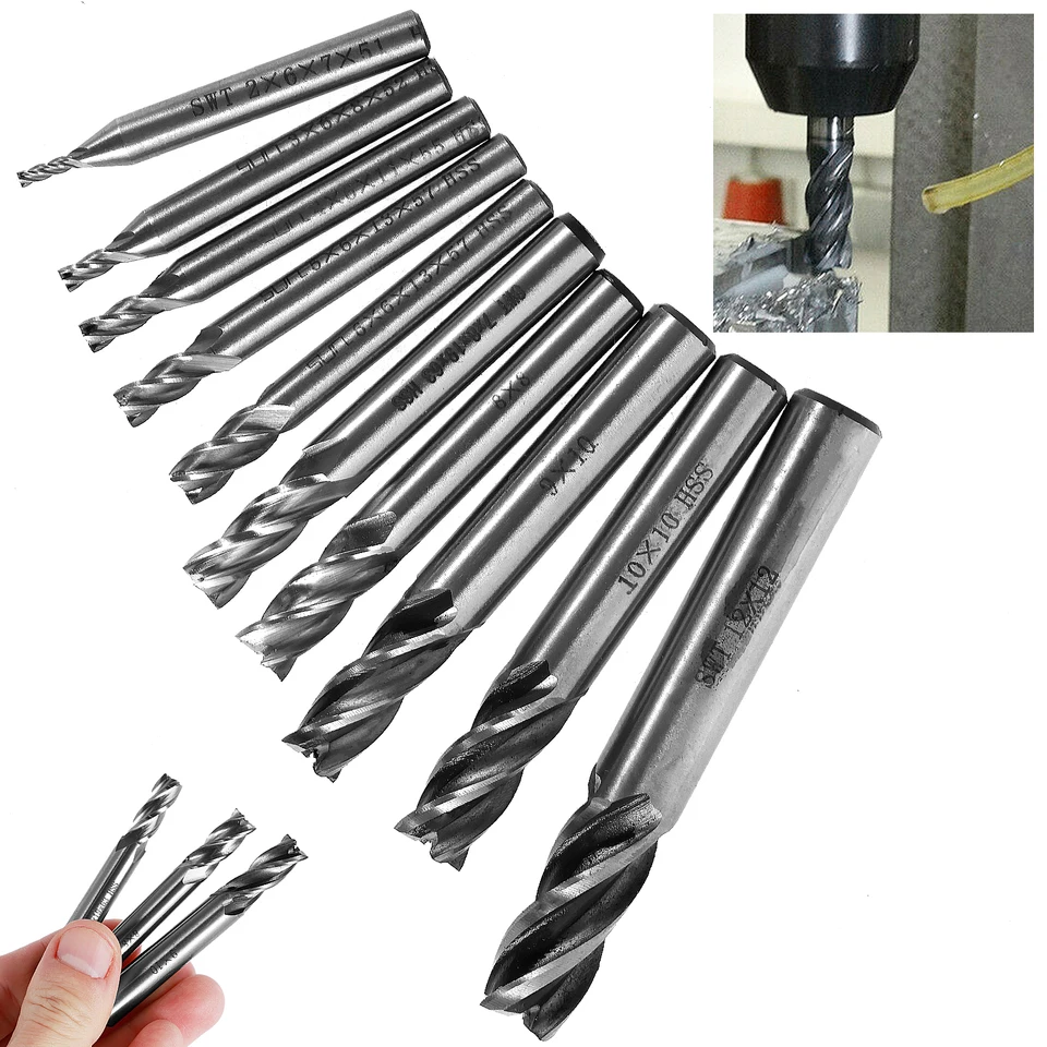 10ks Titánový kabát koncový mlyn Set High Speed ​​Oceľ 6 mm rovná drievka Bit Bit Cutter 2-12 mm odolný 4-flutový koncový mlyn