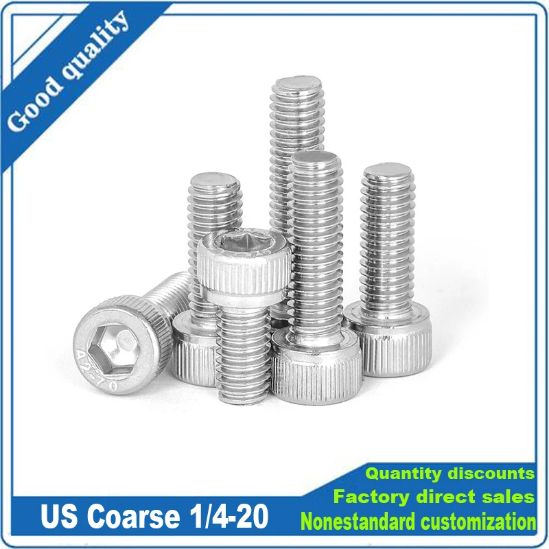 10ks US Hrubé vlákno HEX HEXAGON SOCKET CAP Allen Head Skrutka skrutka UNC 1/4-20*L 304 A2-70 Dĺžka z nehrdzavejúcej ocele = 5/16 