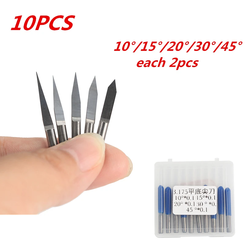 10ks V tvar plochého dna Karbidové gravírovacie bity PCB 3,175 mm CNC router bit 10/15/20/30/45 stupňa nástroje na mletie nožov