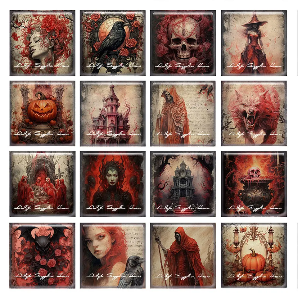 10ks/veľa Halloween Gothic Horror Dark Witch Raven Death Square Foto sklo Cabochon Demo Flat Back Cameo DIY šperky