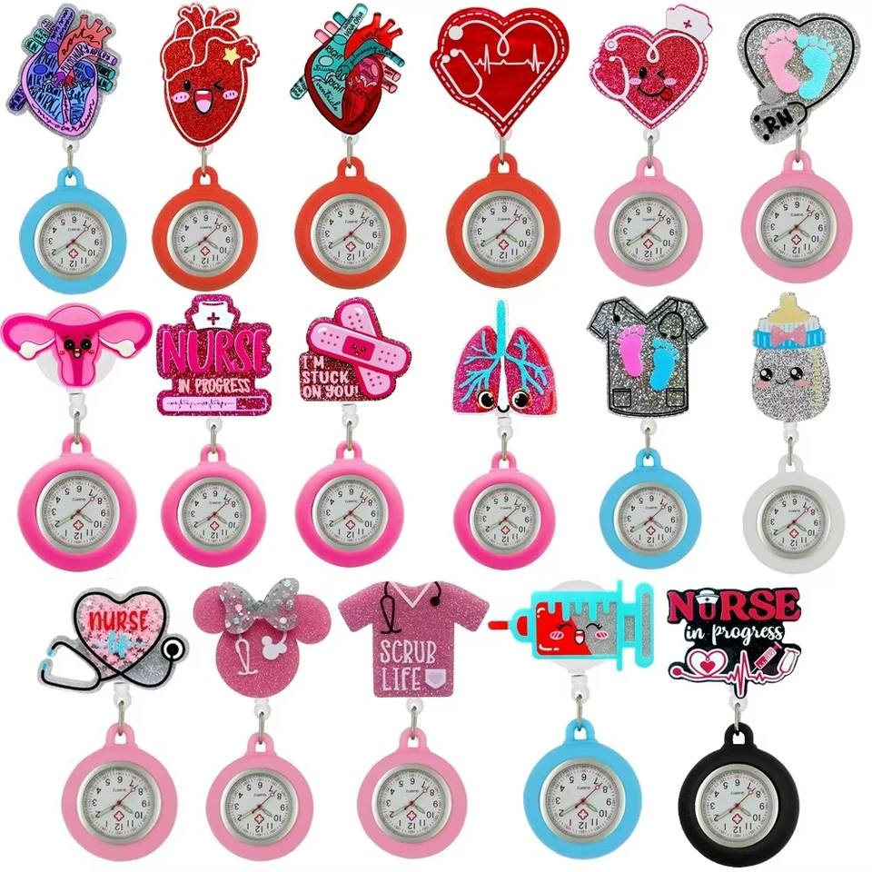 10ks/veľa roztomilej karikatúry lesklou sestrou Doctor Doctor Pocket Watches Unisex Badge Badge navíjateľné nemocničné lekárske klipové zavesenie Darčeky