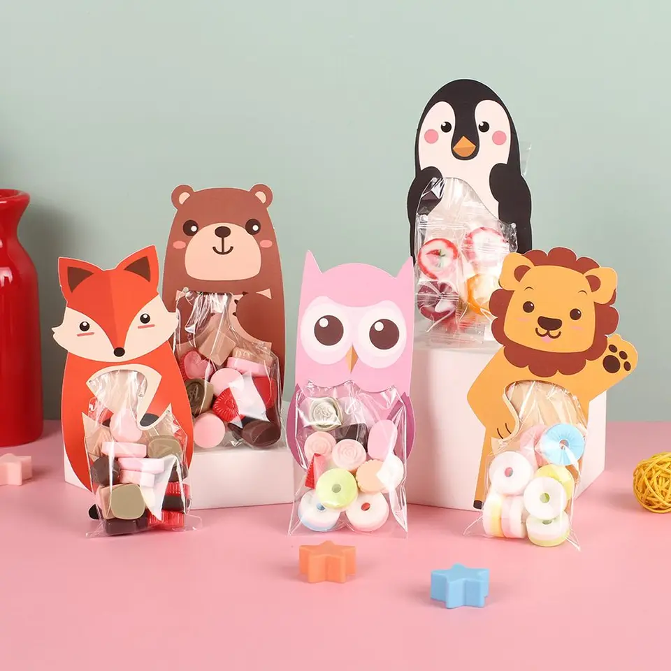 10ks/veľa roztomilých zvieracích medveďov levové tašky na cukrovinky Cookie Cookie Darčekové tašky Gravné karty pre bábätká narodeniny oslava Candy Box