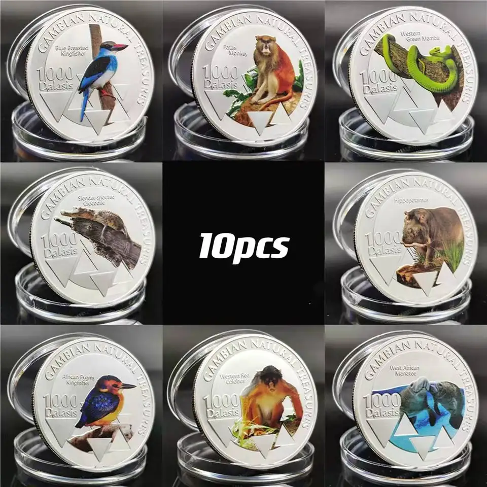 10ks/veľa rôznych Afrika Wild Life Animal 999 Fine Silver Coins Gambian Natural Treasures Challenge Mince Nový rok darček