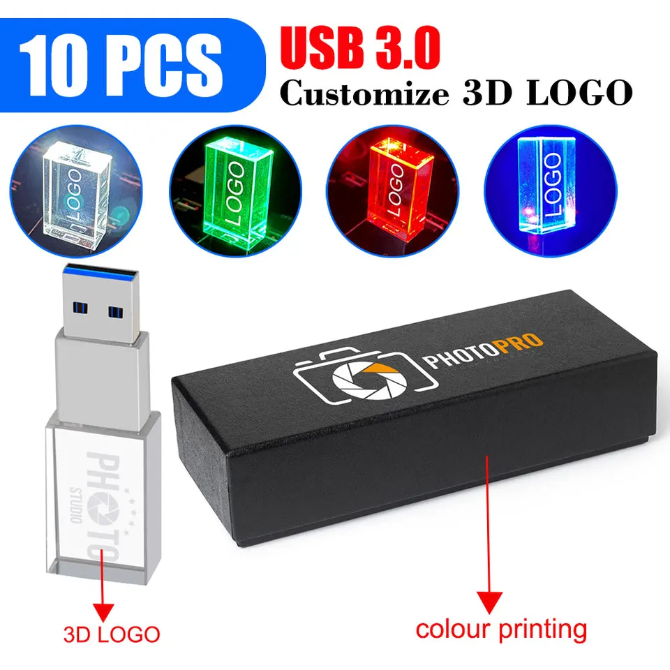 10ks/veľa USB 3,0 Flash Drive Free Tlač loga Crystal Pendrive 4 GB 8 GB 32 GB 64 GB 128 GB Pamäťová palica Priehľadná jednotka skleneného pero
