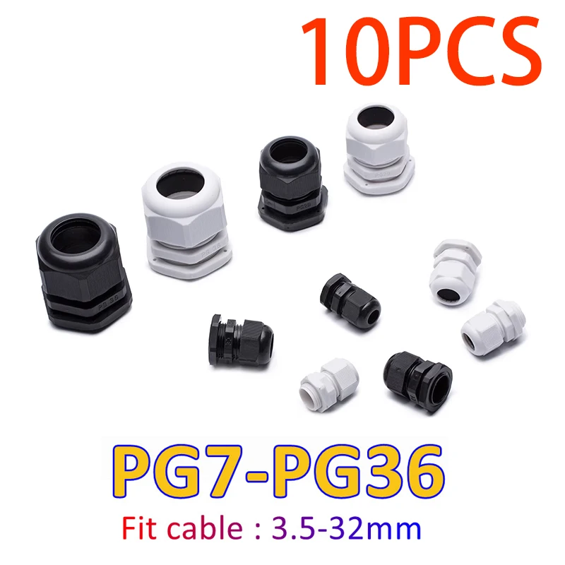 10ks vodotesný vstup káblového kábla IP68 PG7 pre 3-6,5 mm PG9 PG11 PG13.5 PG16 PG19/21 Biela čierna nylonová plastová konektor