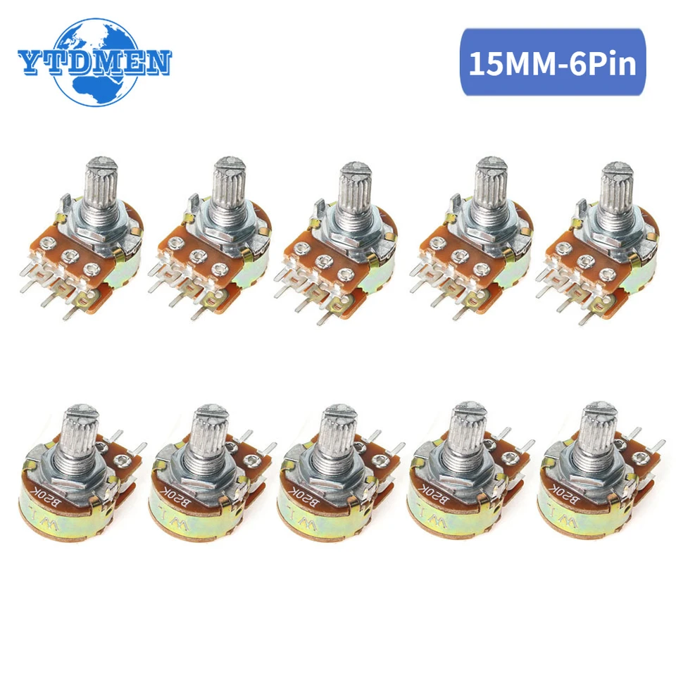 10ks WH148 B1K B10K B50K B100K B1M 6pin lineárny potenciometer 15 mm hriadeľ s matičkami a podložkami