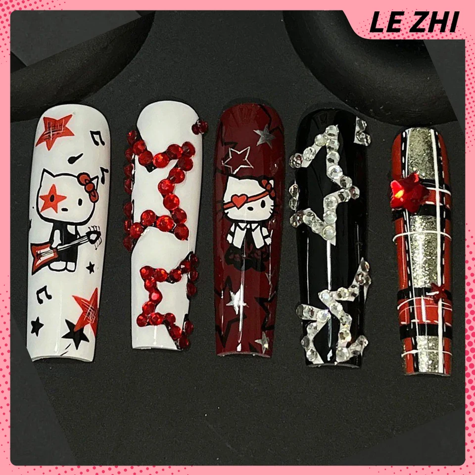 10ks y2k xl štvorcový čistý ručne vyrábaný Sanrio Hello Kittty Press On Nail Art Spice Girl Pentagram Gold Flash Full Cover Cover Naty