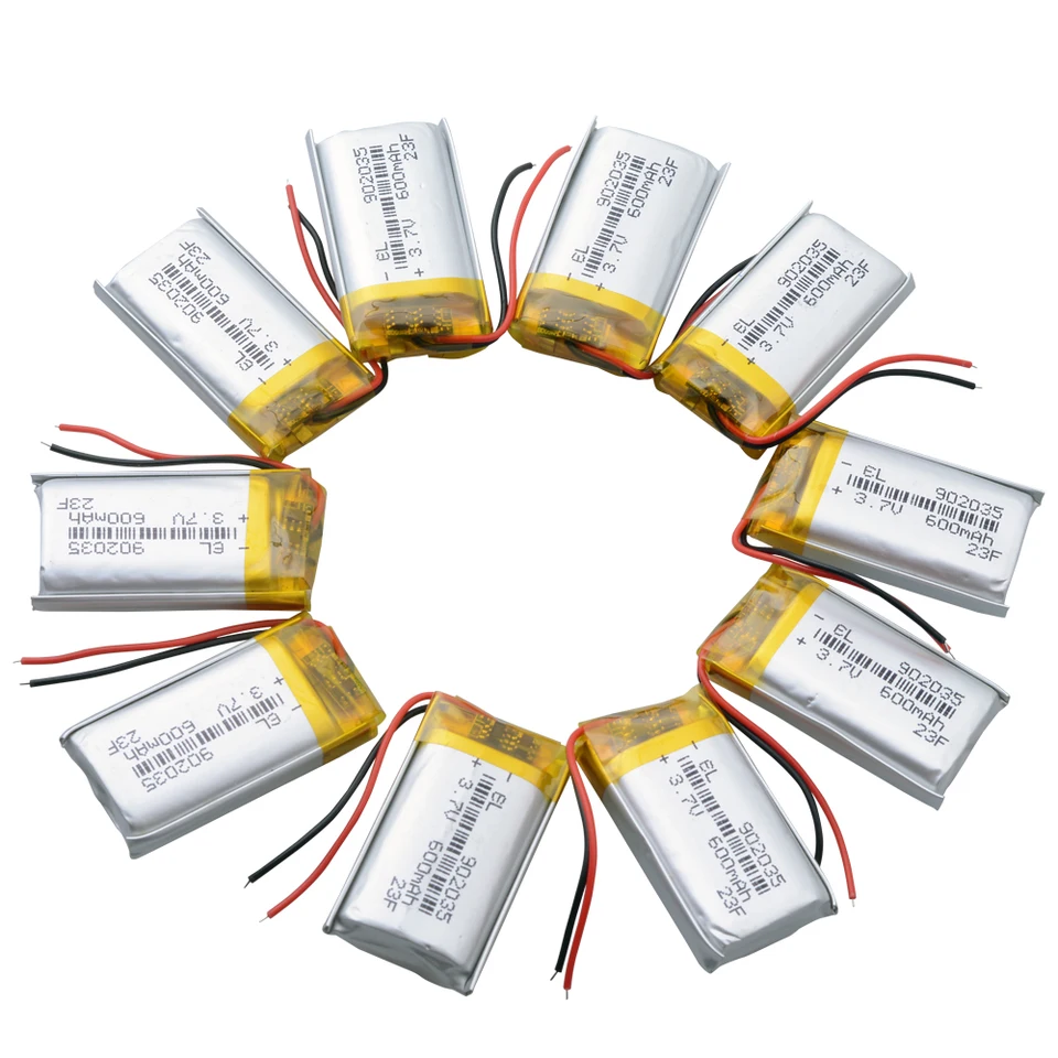 10ks/časť 902035 3,7 V 600 mAh Lipo Polymér Litium Lithargeble Battery pre elektronickú kameru MP3 GPS DVD Bluetooth