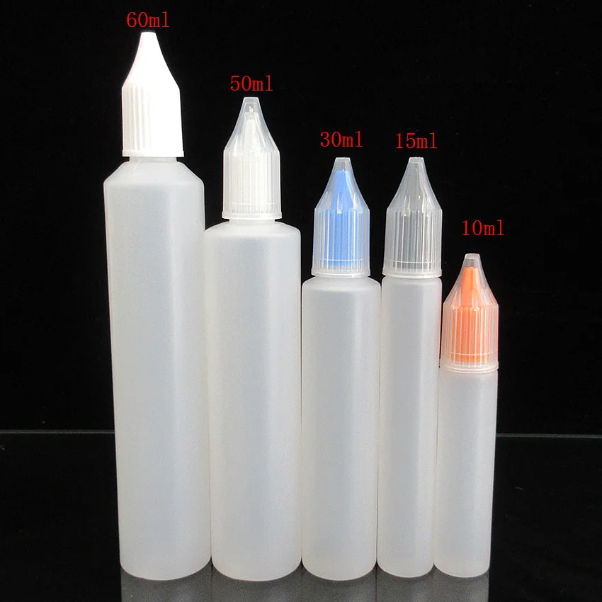10ks/šarža 10 ml 15 ml 30 ml 50 ml 60 ml fľaša s kvapkadlom v tvare pera Unicorn Pen, doplňovateľné kvapky prázdne dlhé tenké fľaša s detskou odolnou čiapkou