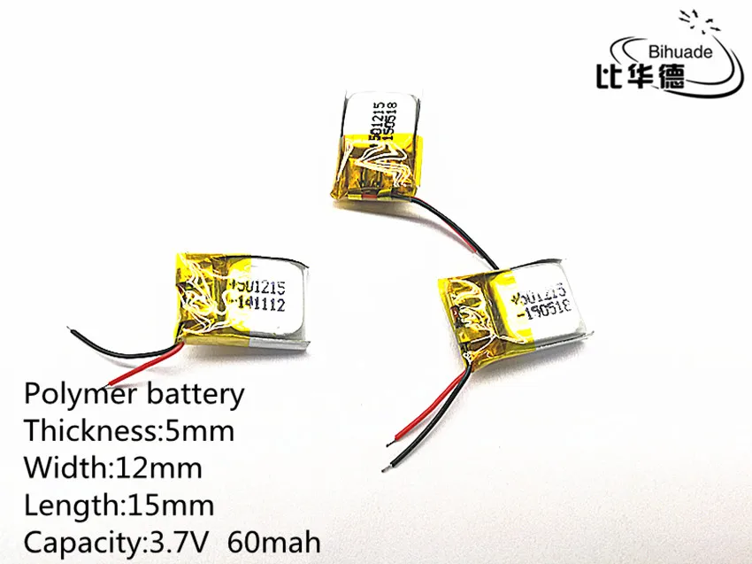10ks / šarža 3,7V, 60 mAh, 501215 Polymérne lítium-iónové / li-iónové batérie pre hračky, Power Bank, GPS, MP3, MP4, mobilný telefón, reproduktor