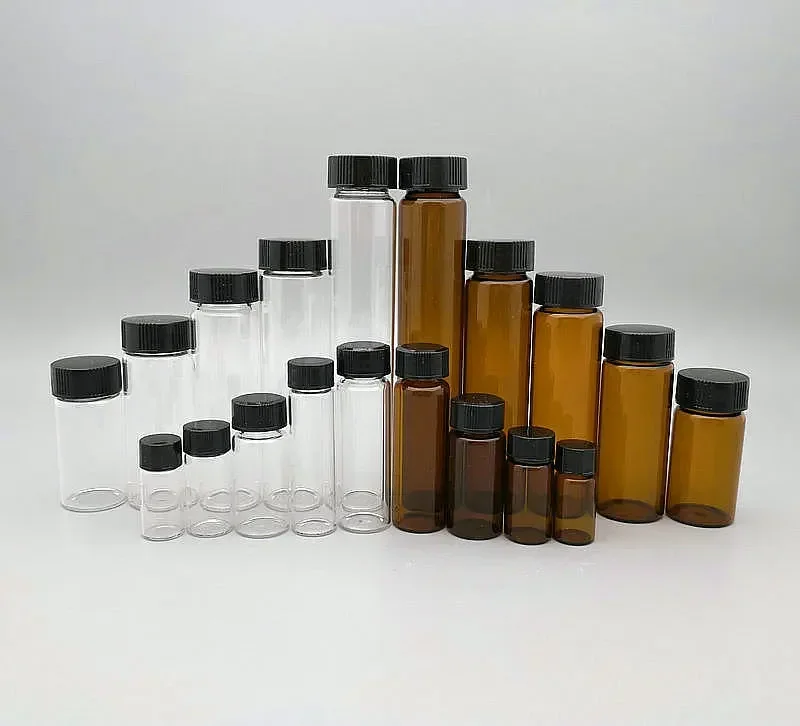 10ks/ šarža 3 ml až 50 ml (číra/ hnedá) sklenená fľašková fľaša na vzorky liekov na vzorky s plastovým uzáverom veka skrutky veka