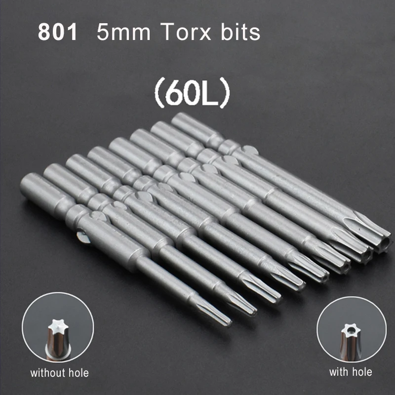 10ks/šarža 60 mm dĺžka S2 Magnetic 801 Electric 5mm Round Driem Torx Screwdriver Bit T8 T9 T15 T20 T25 s otvorom/bez otvoru