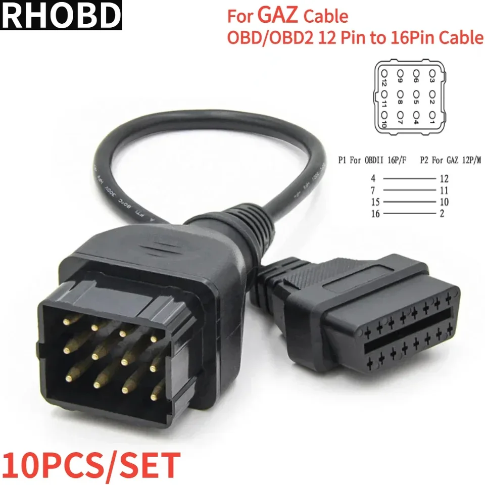 10ks/šarža OBD2 kábel 12pin až 16pin 12pin káble konektorov OBD2 pre GAZ pre Renault 12pin OBD predlžovací kábel Adapter Nástroje HOT