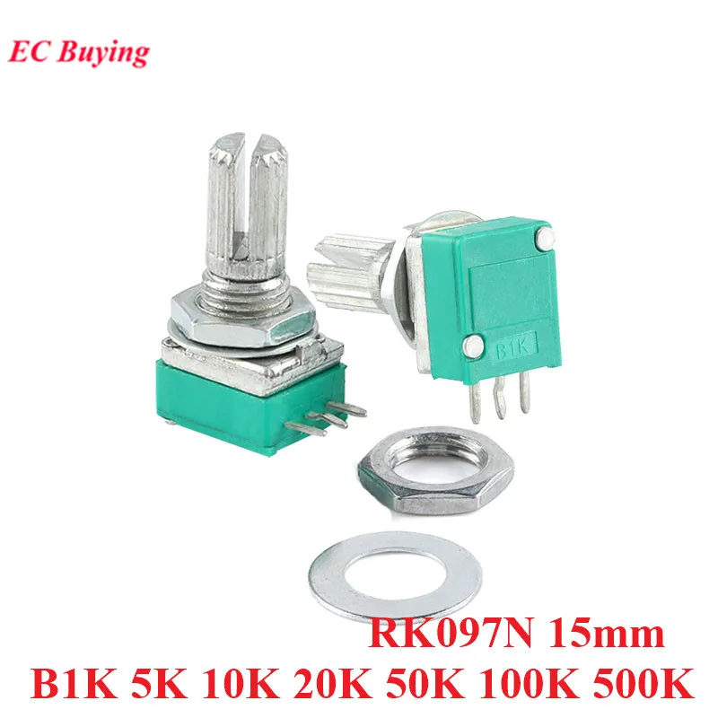 10ks/šarža RK097N Single Audio zosilňovač Potentiometer 3p 15 mm B1K 5k 10k 20k 50K 100k 500k spínač s maticou s tesnením