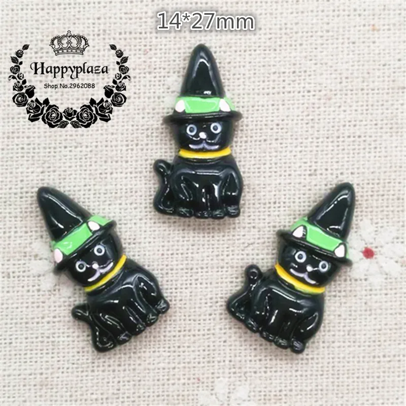 10ks živici Halloween Black Cat s klobúkom Cabochon Miniature Art Dodávateľ Decoration Charm Carm, 14*27 mm