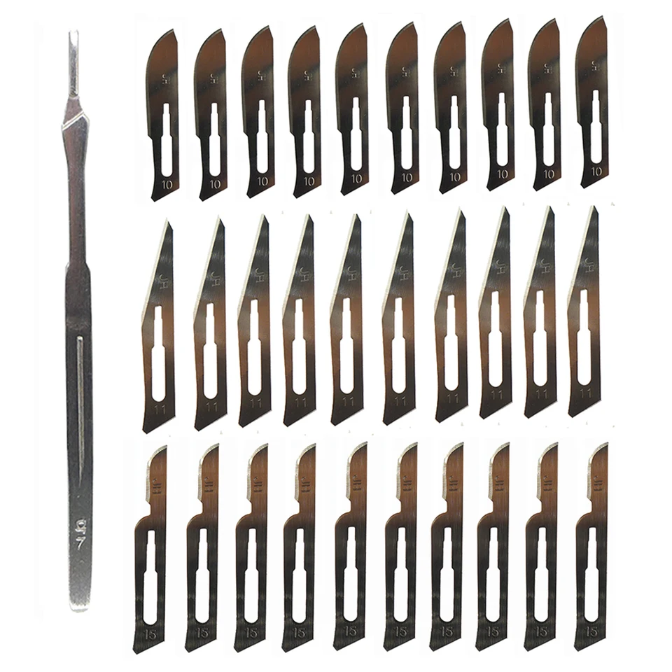 10ksová čepeľ Skalpel s uhlíkovou oceľou 10# 11# 15# s č. 7 Dlhá rukoväť Industrial Cutting DIY Experiment s experimentom zvierat