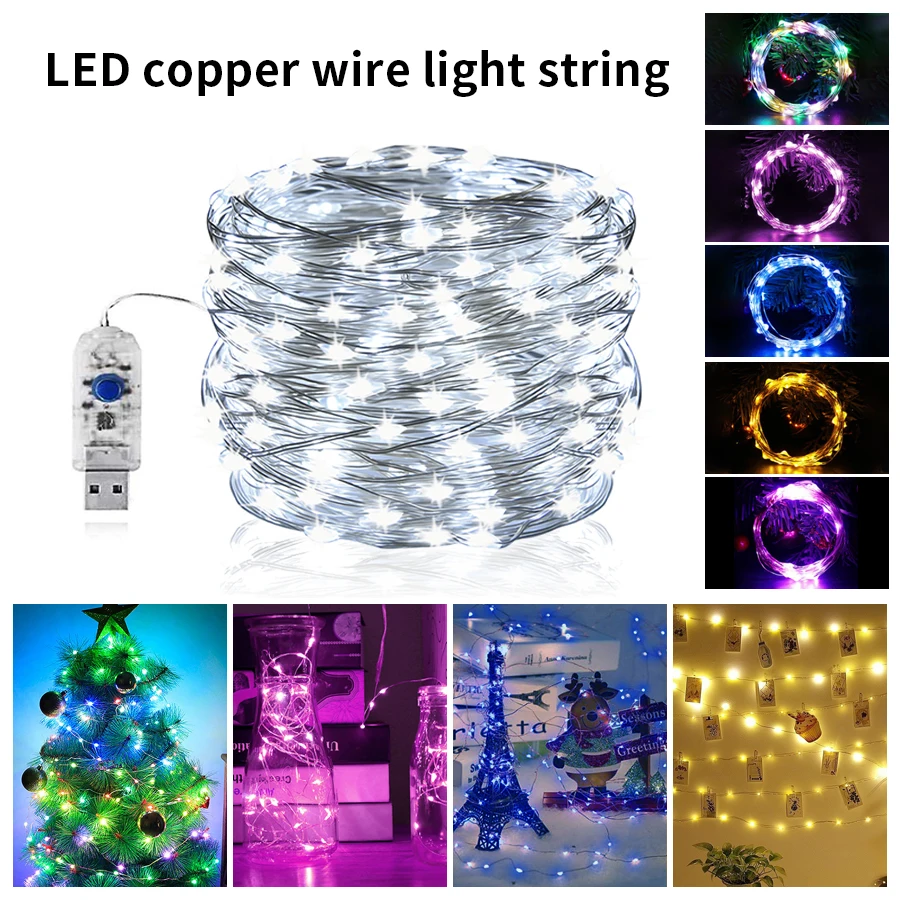 10m USB 5V Chirstmas Light Led Fairy Lights Festoon Garland White Purple 100led na dovolenkové osvetlenie vnútorné domáce dekorácie
