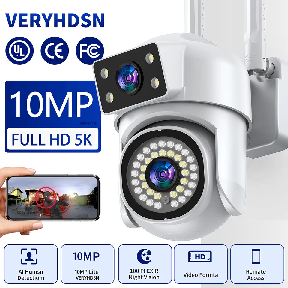 10MP 4K PTZ IP WiFi Fotoaparát bezdrôtové sledovacie kamery Security Outdoor Human Tracking Obojsmerná zvuková nočná farba 8x Zoom Cam Cam
