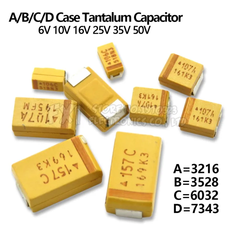 10pcs ABCD Case Tantalum CAPACITOR 6V 10V 16V 25V 35V 50V 0,1UF 1UF 2.2UF 4.7UF 10UF 22UF 3UF 47UF 100UF 220UF 330UF