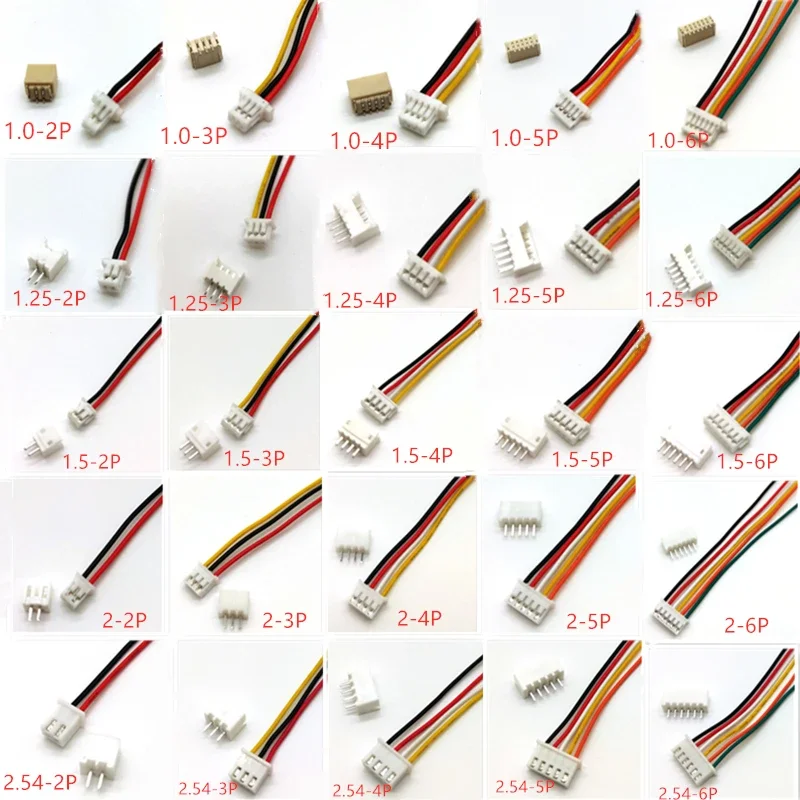10sety SH1.0 JST1.25 ZH1.5 PH2,0 XH2,54 Konektor Samecká samec 2/3/4/6/7/8/19/10/10p Zátka s káblom 10/20/30 cm