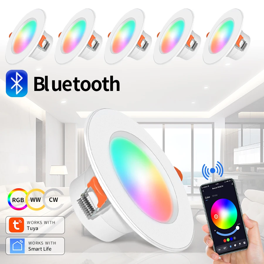 10W TUYA SMART Bluetooth LED Downlight Spot Lights RGB Stlmiteľná zapustená stropná lampa pre obývaciu izbu Smart Life App App 110V 220V