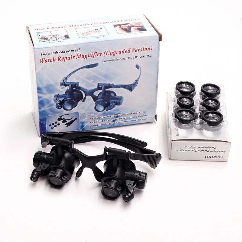 10x 15x 20x 25x Double Eye Loupe hlava nosenie lupičky očné okuliare s Loupes s LED svetlom čelenky klenotníctvo klenotnícke hodinky Loupe