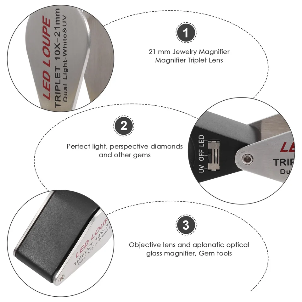 10x zväčšenie klenotníka Loupe Triplet Lunker so 6 LED UV svetlom 21 mm pre drahokamy, šperky, mince, známky atď.