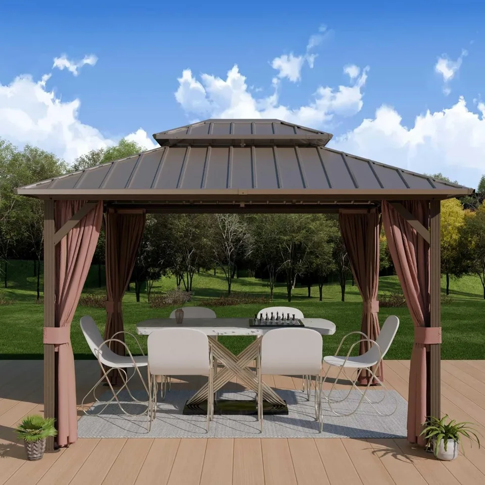 10'X12 'Hardtop altánok, hliníkový rám pozinkovaný oceľový pavilón s dvoma strechami s sieťou a zatienenými záclonami, kovovými pergolami