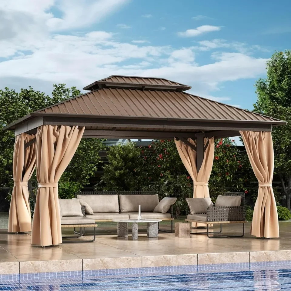 10x14 ft hardtop altánok s ťažkým pozinkovaným oceľovým oceľovým dvojitým hliníkovým rámom Trvalý pavilón so záclonami a sieťou