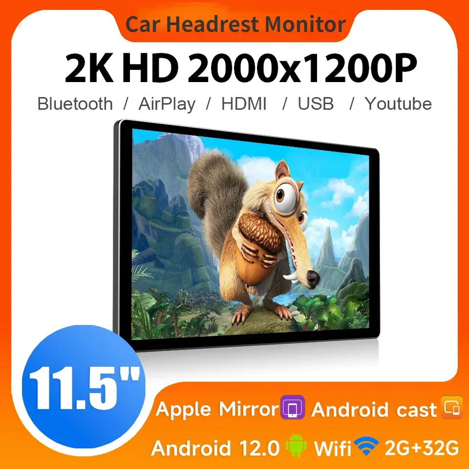 11.5/13''Ips hlava Monitor Tablet Tablet Dotknutá obrazovka pre zadné sedadlá Zobrazenie Airplay zrkadlové obrázky Video prehrávač Android 12 Systém