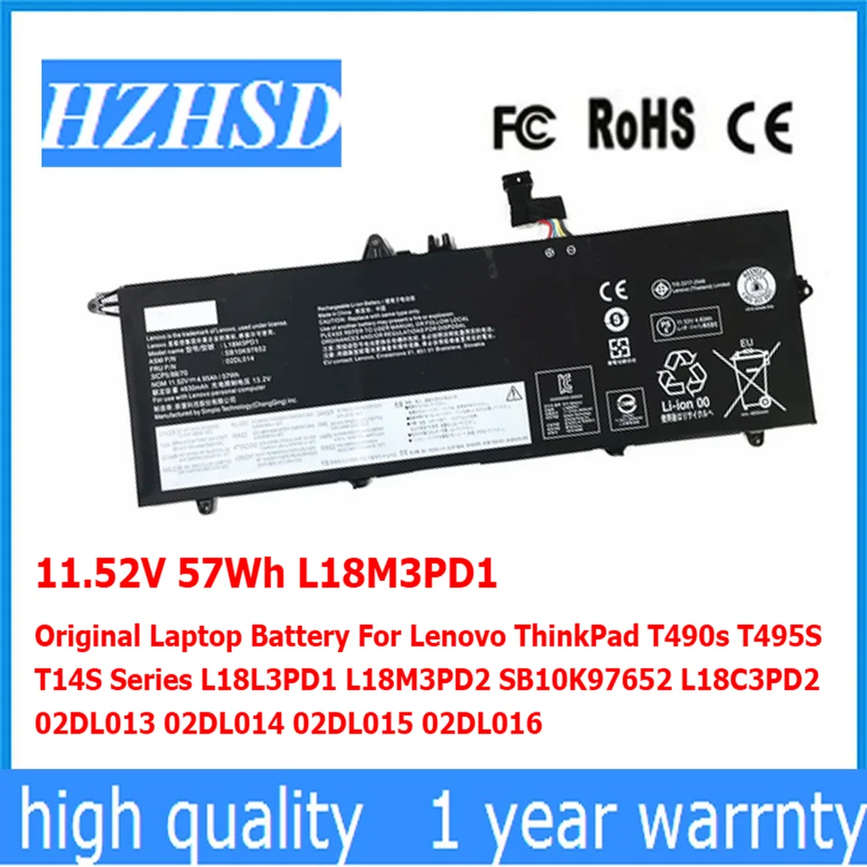11,52V 57WH L18M3PD1 Pôvodná batéria laptop pre Lenovo ThinkPAD T490S T495S T14S Series L18L3PD1 L18M3PD2 SB10K97652 L18C3PD2