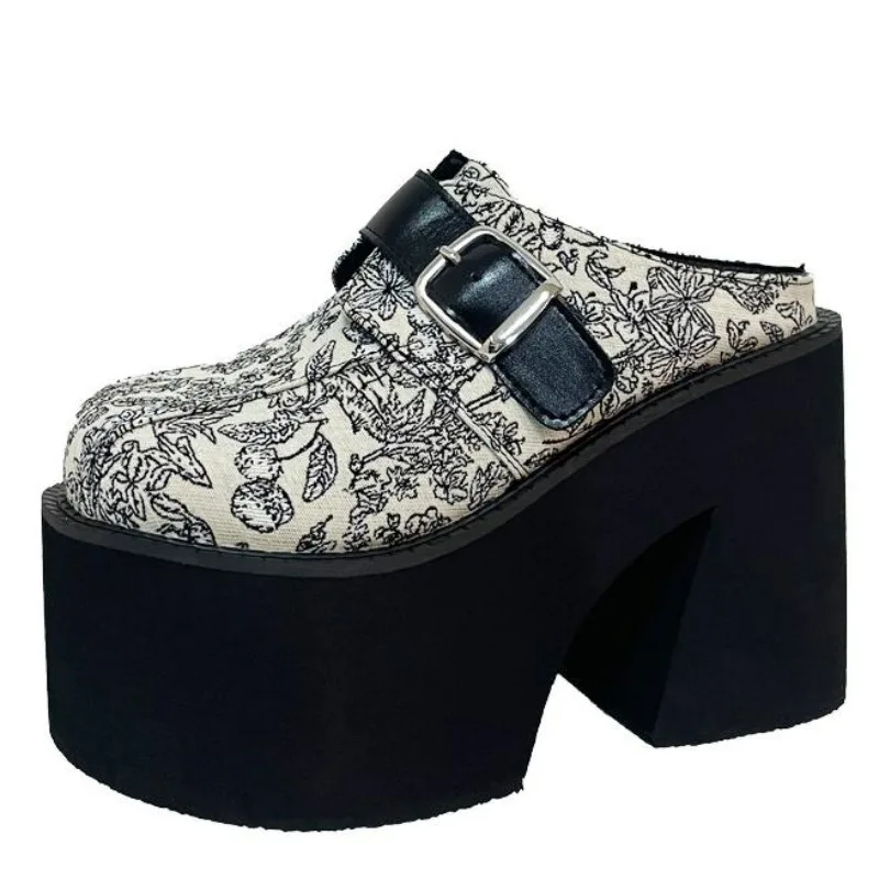 11 cm blok vysoké podpätky Čierne topánky Slingback Women Woment Toe Platform Chunky Heeled Plippers Punk Summer Sapatos Femininos 2024