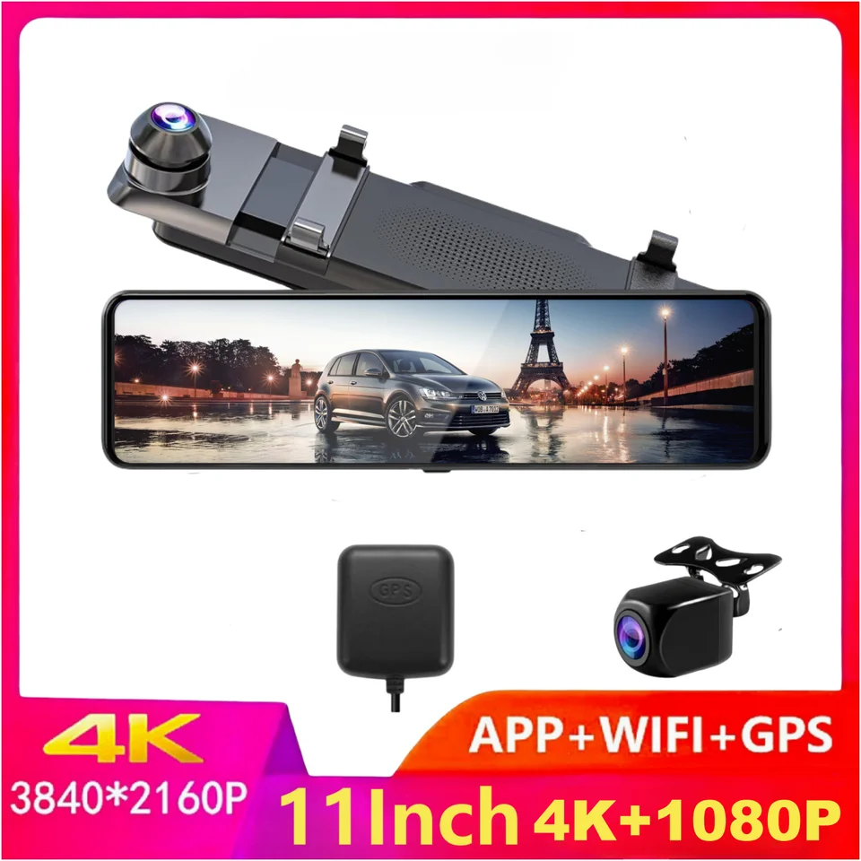 11 palcov 4K 3840*2160p DVR DVR DVR Dld Dash WiFi GPS Sony IMX415 Zadné zrkadlo 1080p kamery Video rekordéra Monitor