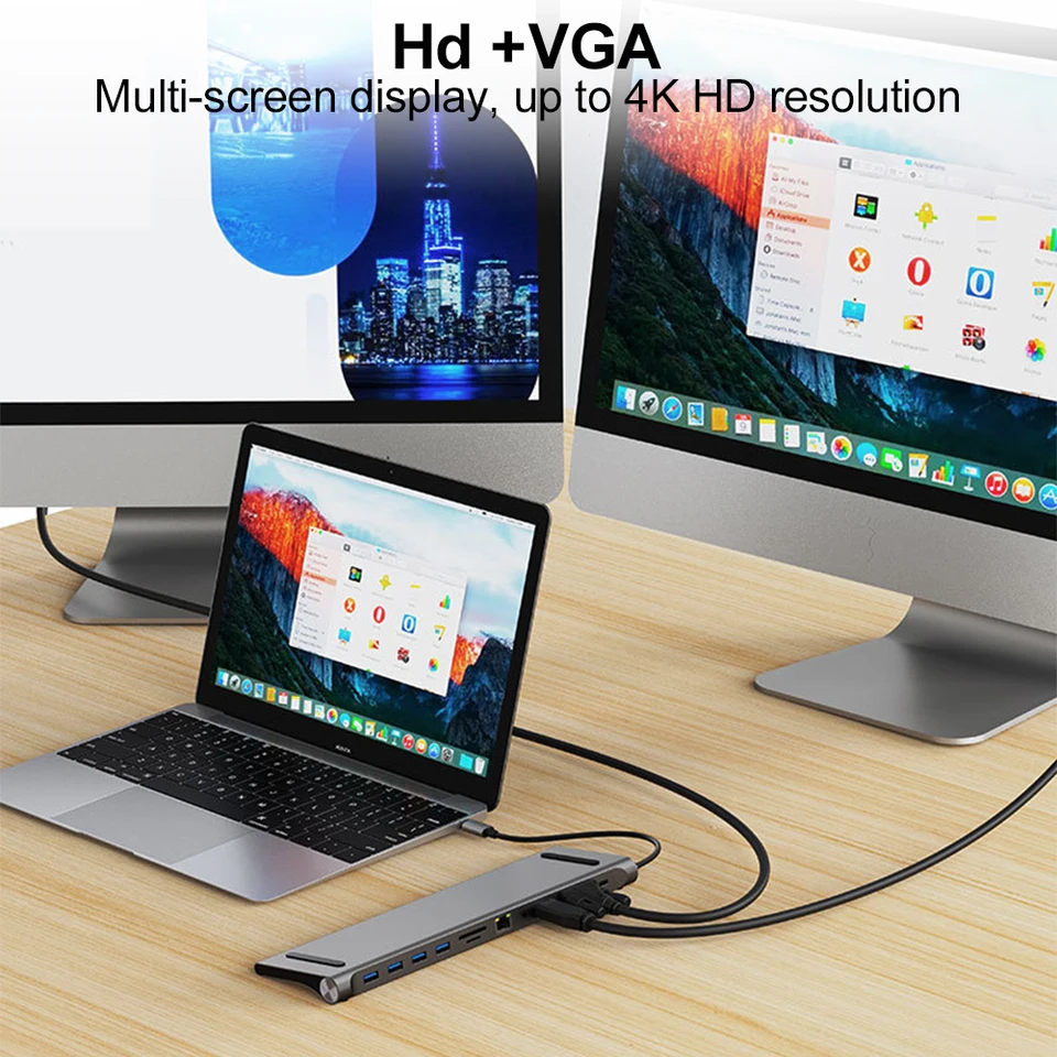 11 v 1 USB C dokovacia stanica s 4K HDMI kompatibilnými VGA Ethernet USB C DOCK 100W PD SD/TF Audio Typ C Hub 1* USB 3.0 3* USB2.0