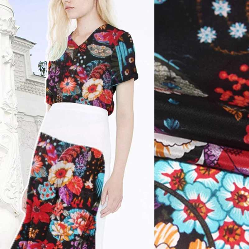 110 cm široký 89g/m kvetinový potlač čiernu bielu hodváb Crepe de chine tkanina pre letné šaty šál šál cheongsam sukňový panvový oblek C023