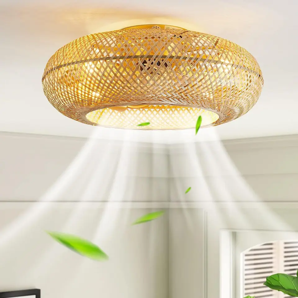 110V Spálňa jedáleň vtáčie klietky stropný ventilátor s lampou neviditeľný stropný ventilátor bambus tkania ventilátora svetla Variabilná frekvencia