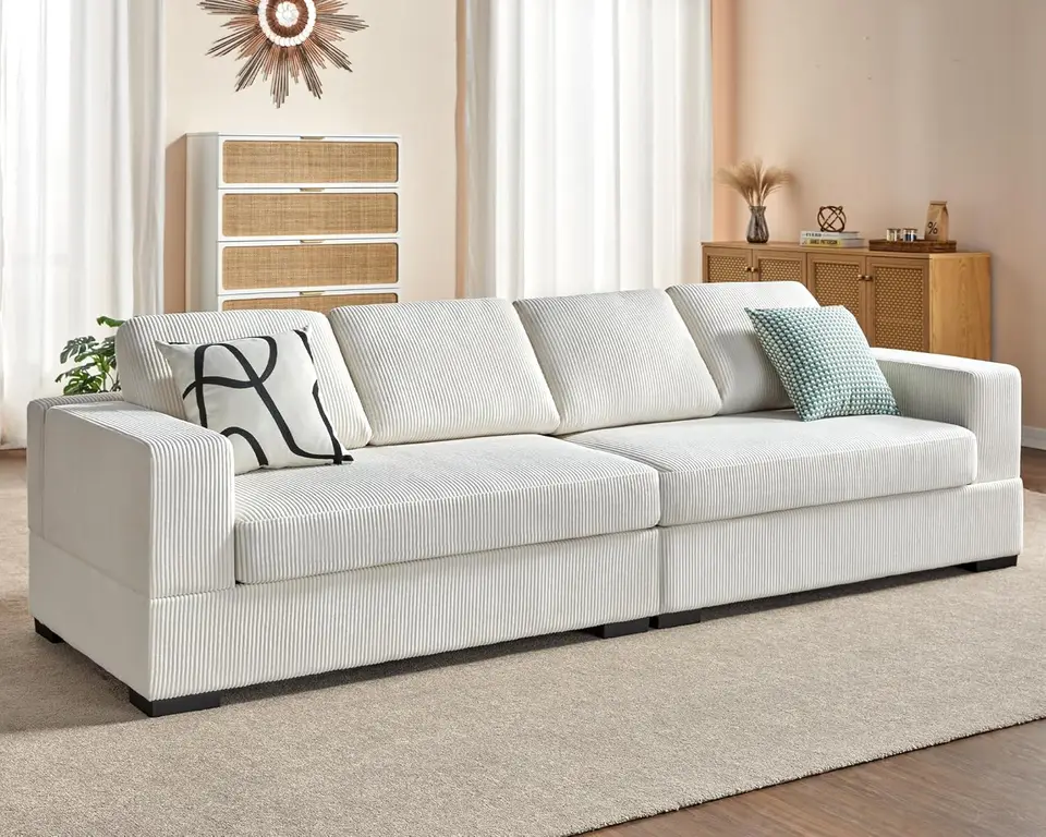112 palcovej pohovky s nadmernou pohovkou- hlboká pohovka sedadla v béžovom korune Comfy Sofa Gauč pre obývaciu izbu White Corduroy pohovka