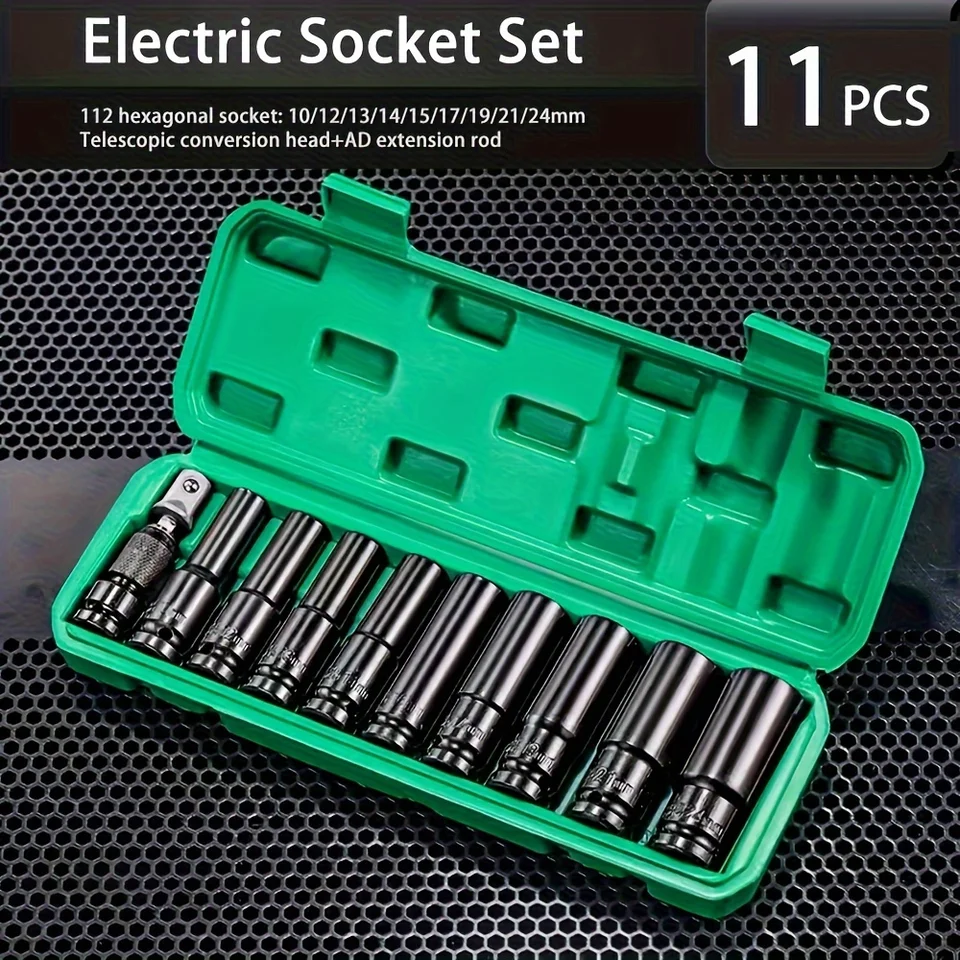 11pcs 1/2 -palcový pohonný metrický hĺbkový nárazový súprava 10 mm - 24 mm, sada nástrojov elektrického kľúčového zásuvky, sada zásuvky s ťažkým dňom Wit