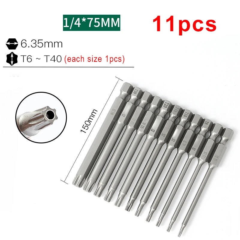 11pcs 75 mm 1/4 'hex Shank Torx Torx Screwdriver Bit Star Vŕtacia hlava Magnetické T6 T7 T8 T9 T15 T20 T25 T27 T30 T35 T40 s otvorom