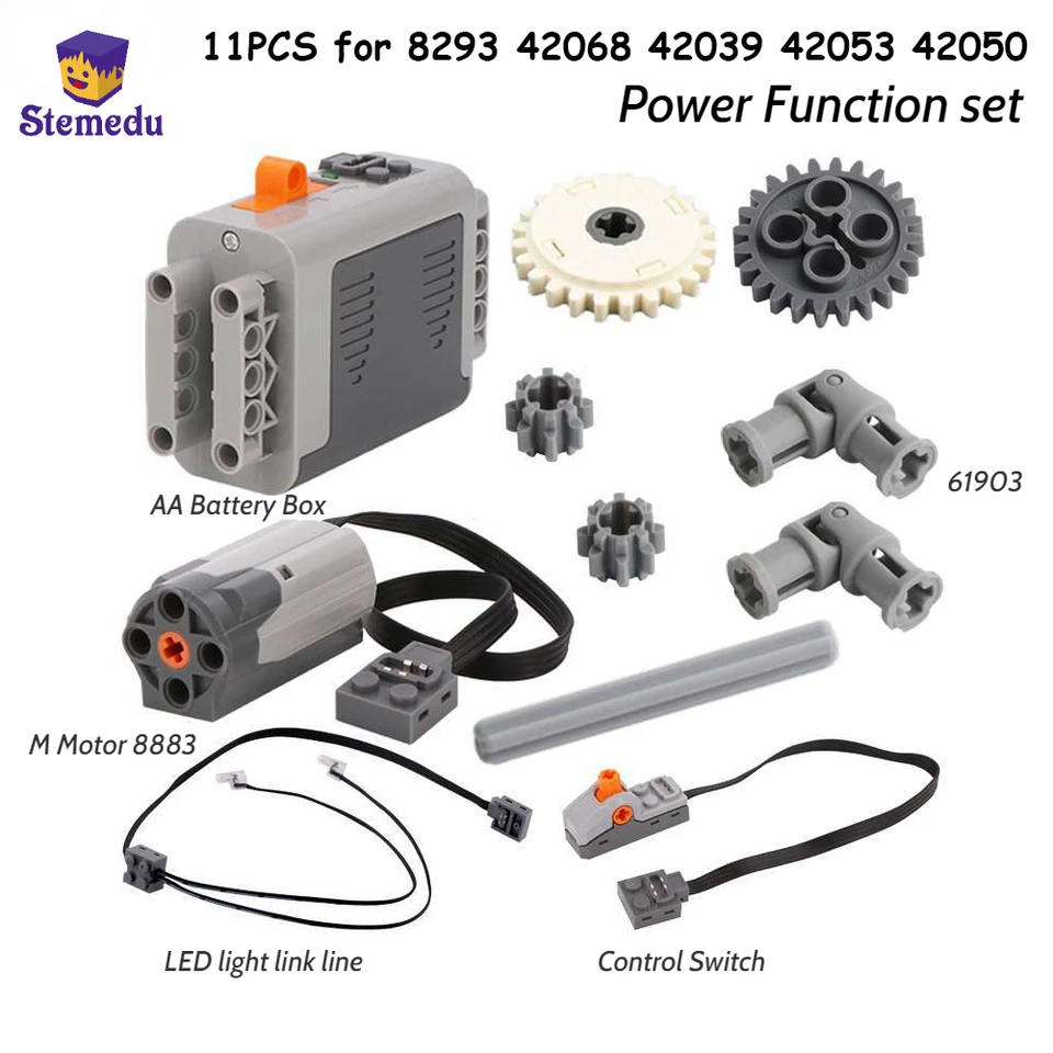 11pcs MOC Funkcie Funkcie Technické diely Set M Motor 8883 AA BATÉRIA Univerzálny spoločný prevodový stupeň 8293 42068 42039 42053 42050