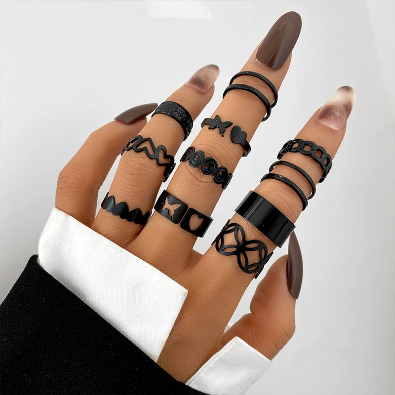 11pcs/set punk geometrické čierne prstene pre ženy vintage zvierací had motýľ krížový prsteň prsty