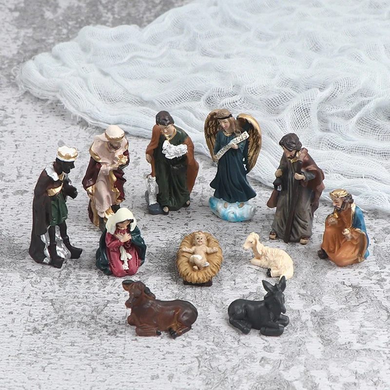 11pcs/set socha betlehem scéna scéna scéna vianočné postieľky figúrky Malé Ježiš Manger Miniatúry Ornament Church Cirkev katolícky dom decors
