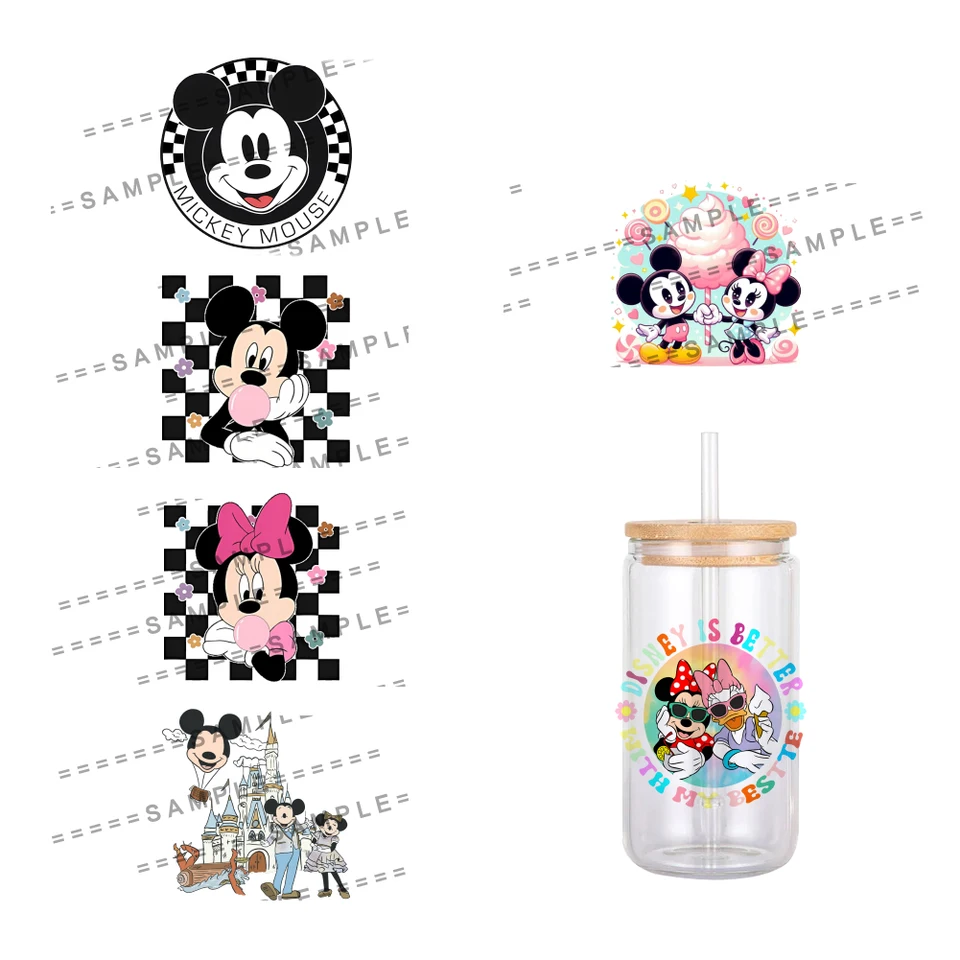 11x12cm Disney Cartoon Mickey Minnie UV DTF Transferová nálepka Vodotesné prevody prevodov pre 16oz sklenené nálepky