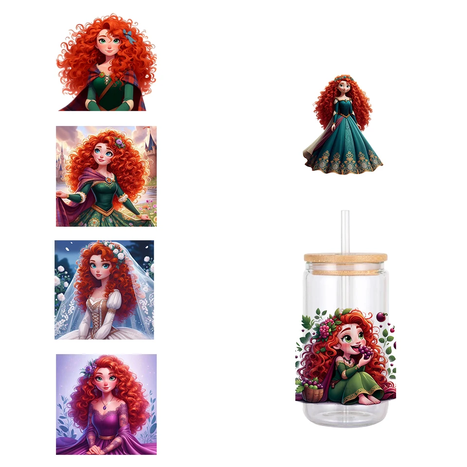 11x12cm Disney Cartoon Princess Merida UV DTF Transferová nálepka Vodotesné prevody prevodov pre 16oz sklenené nálepky