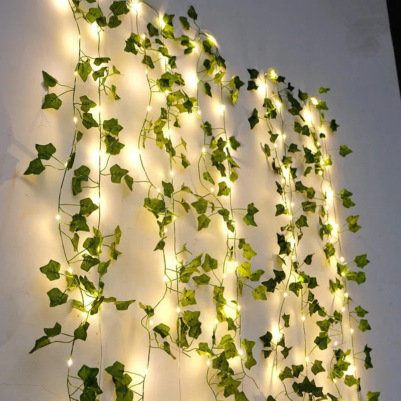 12/10/2 m Falošný zelený list brečtanového brečtanu s LED svetlami Domáca spálňa dekor Svadba Žiarivá artifická rastlina Girland Home Decor