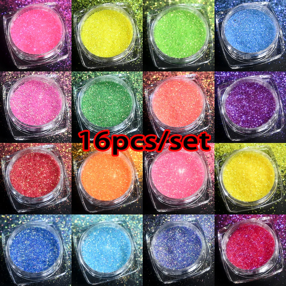12/16ks Iridscent cukor na nechty na nechty Prášok Svietiace cukrovinky práškový pigment pre manikúru žltý/ružový/modrý prach na nechty