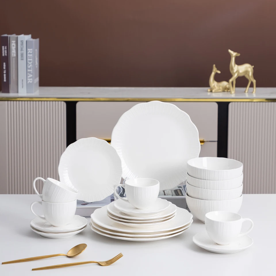 12/20-dielna porcelánová večera Elegantná biela keramická misa a tanier pre domácnosť Kitchen Kitchen Premium Slave Suit