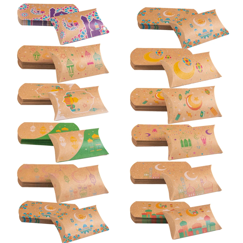 12/22ks Eid Mubarak Kraft Paper Pat vankúš Tvar Candy Box Darče
